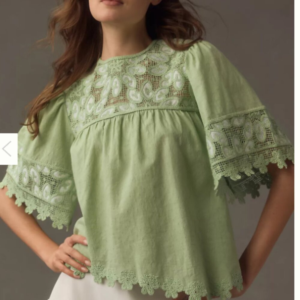 ANTHROPOLOGIE Forever That Girl Crochet Yoke pale green blouse size XL women's